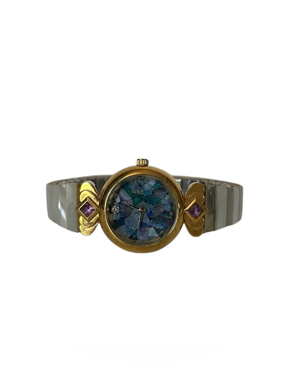Gold Accent Mosaic Face Abalone Shell Stretch Bracelet Watch - Blue & Purple